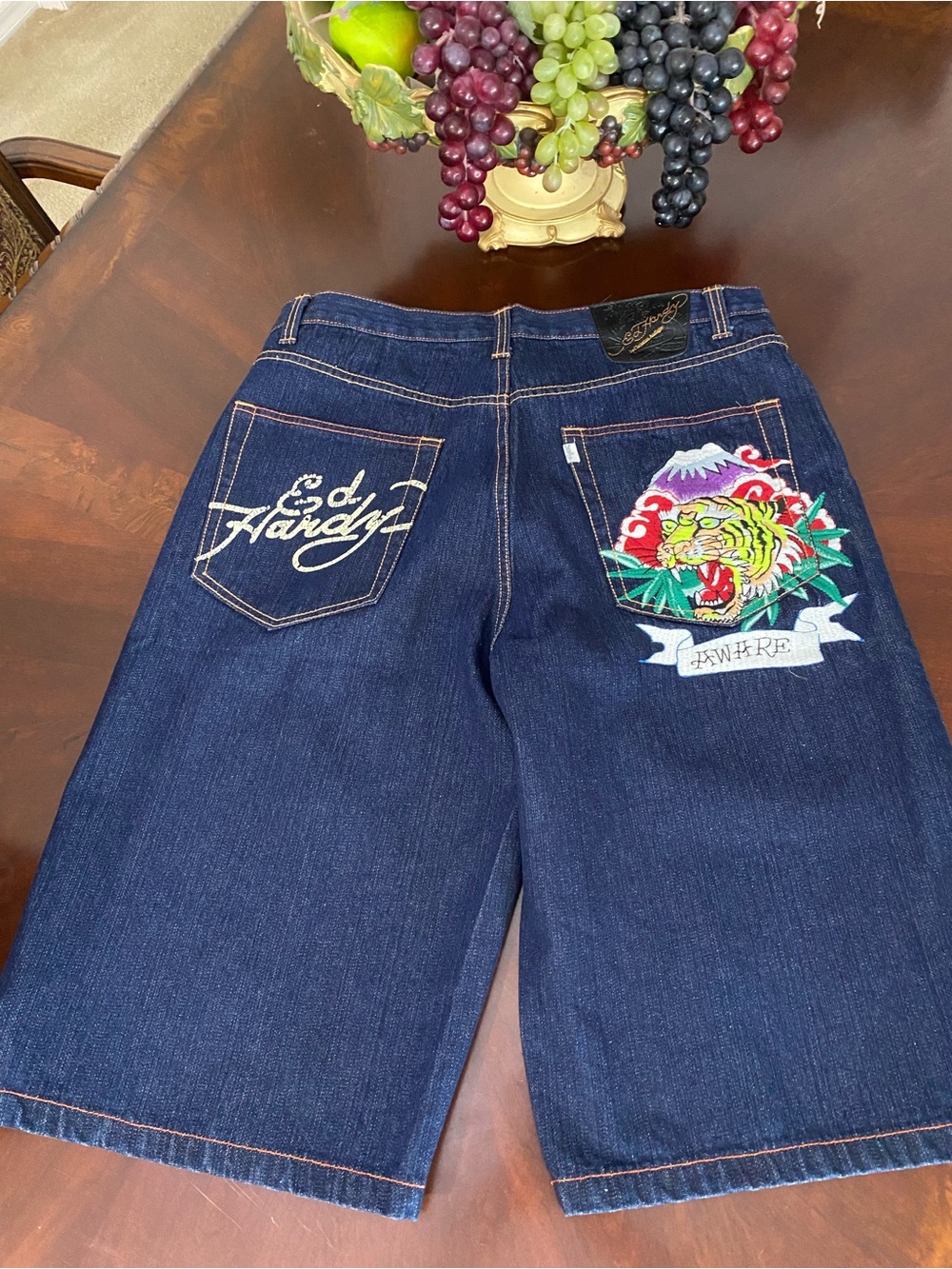 Ed Hardy Dark Blue Denim Jean Shorts with Contrast Stitching - Picture 8 of 10